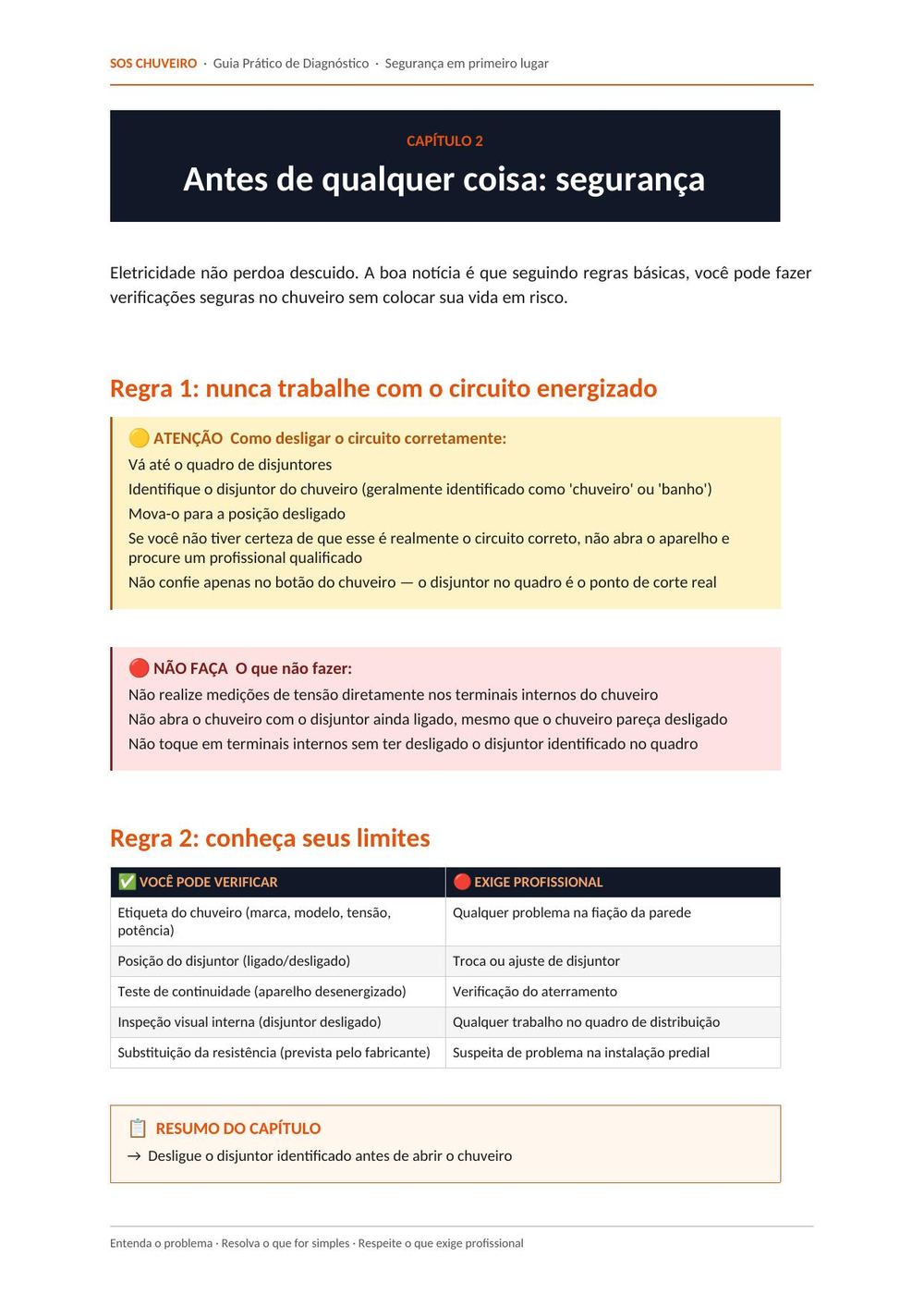 Página do capítulo 2 do SOS Chuveiro sobre segurança antes de qualquer verificação